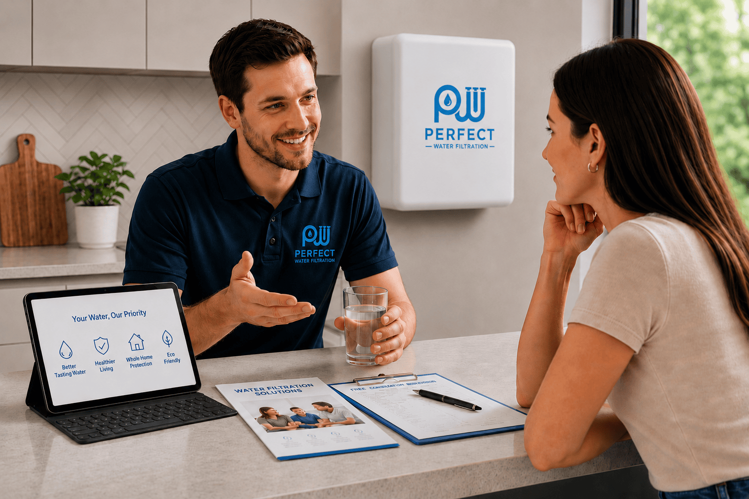 Water filtration consultant explaining system options to a Melbourne homeowner